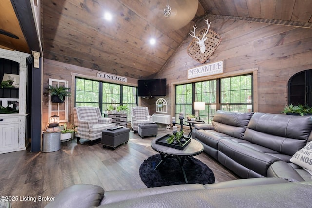 282 Lakeview Ln, Mcdaniels, KY 40152 - living room with wooden ceiling, wood walls, plenty of natural light, hardwood / wood-style floors, and high vaulted ceiling