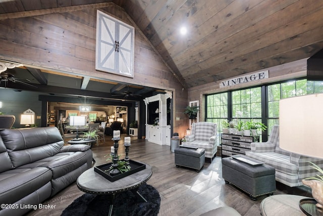 282 Lakeview Ln, Mcdaniels, KY 40152 - living room featuring wood walls, ceiling fan, wood finished floors, high vaulted ceiling, and wood ceiling