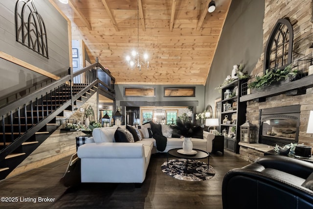 282 Lakeview Ln, Mcdaniels, KY 40152 - living room featuring wooden ceiling, high vaulted ceiling, a fireplace, stairs, and wood finished floors