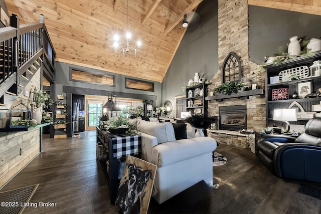 282 Lakeview Ln, Mcdaniels, KY 40152 - living room with wood ceiling, high vaulted ceiling, a chandelier, a fireplace, and wood finished floors