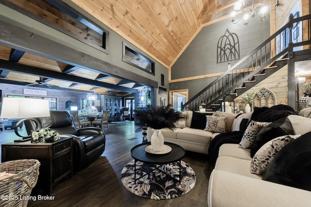 282 Lakeview Ln, Mcdaniels, KY 40152 - living area featuring wood ceiling, wood finished floors, stairway, high vaulted ceiling, and a ceiling fan