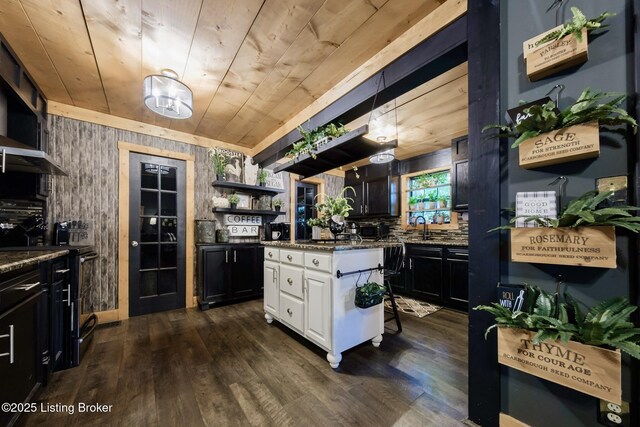 282 Lakeview Ln, Mcdaniels, KY 40152 - kitchen with open shelves, wood ceiling, white cabinets, dark wood-style floors, and dark stone countertops