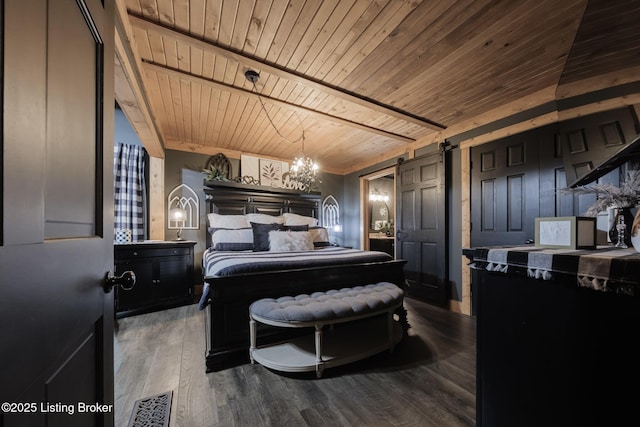 282 Lakeview Ln, Mcdaniels, KY 40152 - bedroom featuring wooden ceiling with exposed beams, a barn door, a chandelier, and wood finished floors