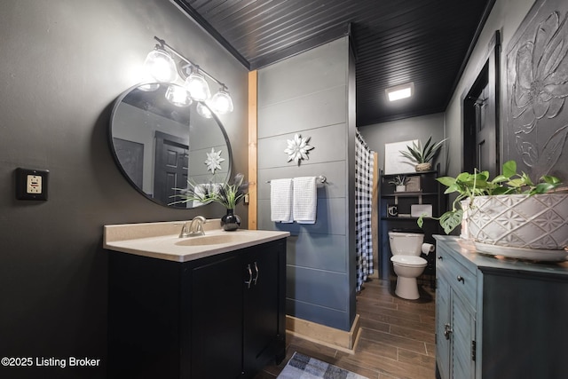 282 Lakeview Ln, Mcdaniels, KY 40152 - full bathroom with wood finish floors, vanity, toilet, and a shower with curtain