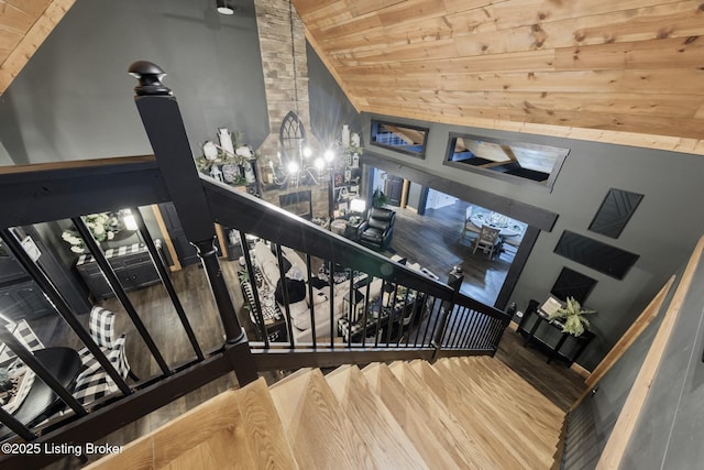 282 Lakeview Ln, Mcdaniels, KY 40152 - staircase with wooden ceiling, vaulted ceiling, and wood finished floors
