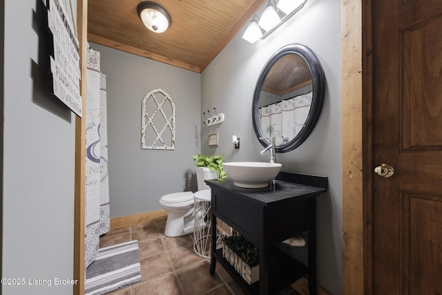 282 Lakeview Ln, Mcdaniels, KY 40152 - full bathroom with wooden ceiling, vanity, toilet, tile patterned flooring, and baseboards