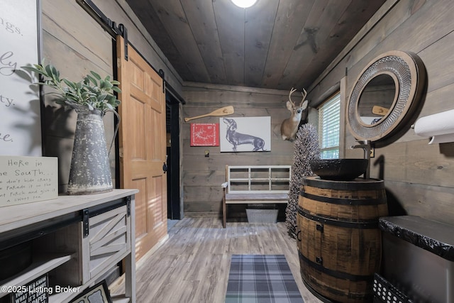282 Lakeview Ln, Mcdaniels, KY 40152 - bathroom with wooden walls, wood finished floors, wood ceiling, and a sink