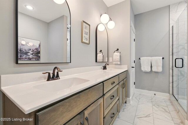 131 Gavin Dr, Shepherdsville, KY 40165 - bathroom with marble finish flooring, double vanity, and a stall shower