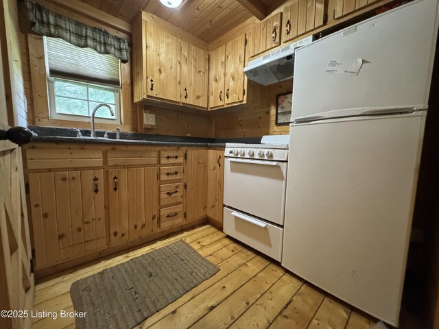 661 Blue Bird Rd, Falls Of Rough, KY 40119 - kitchen featuring white appliances, wood ceiling, dark countertops, light wood-style floors, and under cabinet range hood