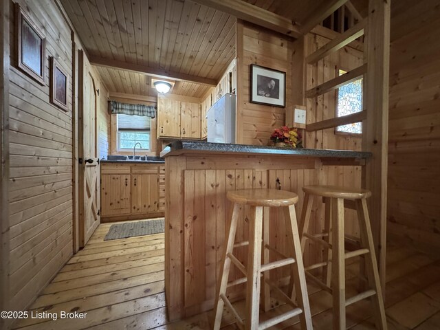 661 Blue Bird Rd, Falls Of Rough, KY 40119 - bar area with wooden walls, light wood finished floors, refrigerator, a sink, and wooden ceiling