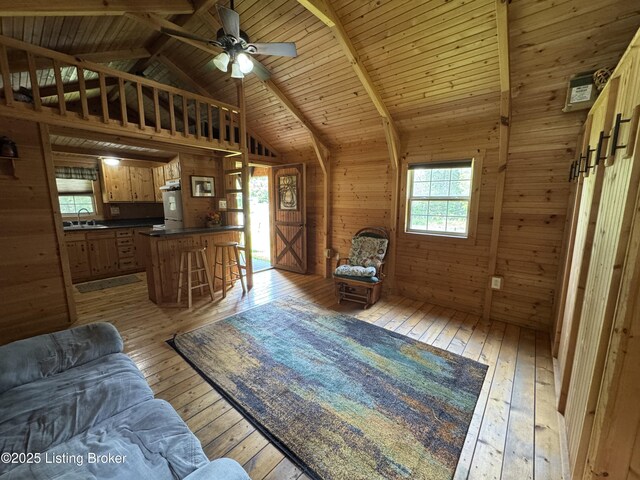 661 Blue Bird Rd, Falls Of Rough, KY 40119 - living area with light wood finished floors, wooden walls, ceiling fan, and wood ceiling