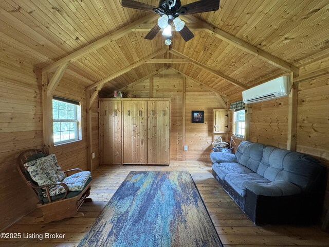 661 Blue Bird Rd, Falls Of Rough, KY 40119 - living room featuring an AC wall unit, wooden walls, wood ceiling, hardwood / wood-style flooring, and ceiling fan