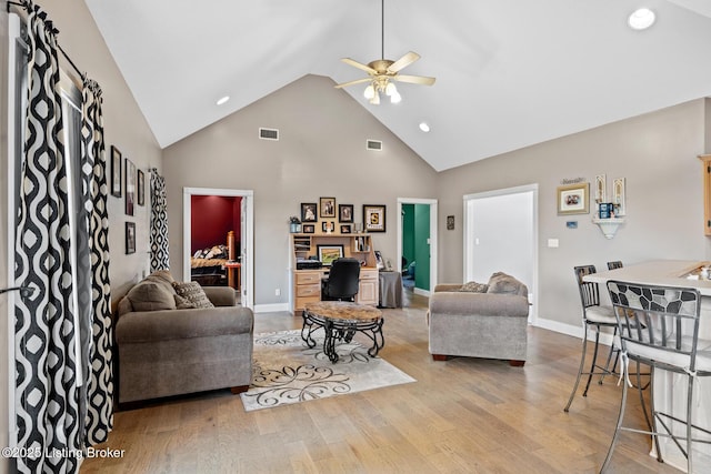 177 Airport Rd, Leitchfield, KY 42754 - living room featuring an office area, ceiling fan, high vaulted ceiling, light wood-type flooring, and recessed lighting
