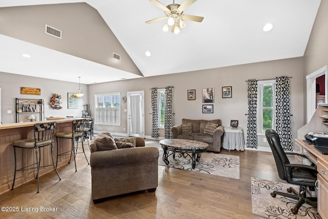 177 Airport Rd, Leitchfield, KY 42754 - living room featuring light wood finished floors, high vaulted ceiling, recessed lighting, ceiling fan, and baseboards