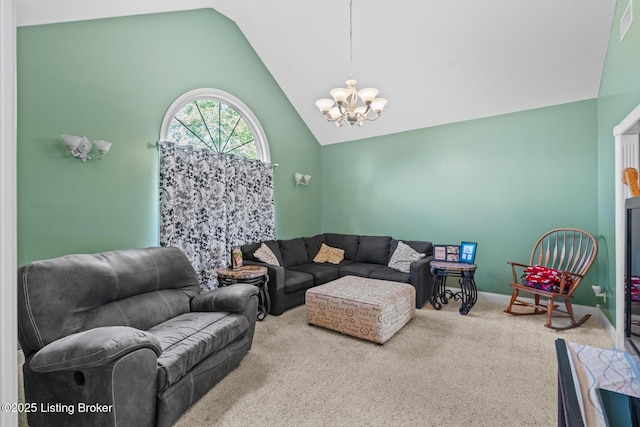 177 Airport Rd, Leitchfield, KY 42754 - carpeted living room featuring vaulted ceiling and a chandelier