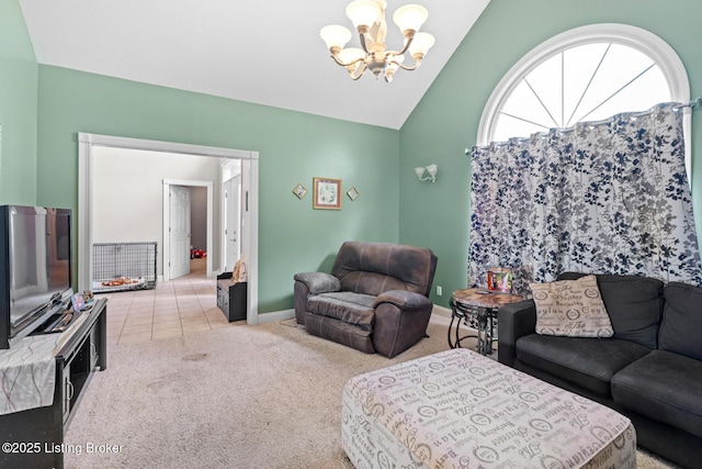 177 Airport Rd, Leitchfield, KY 42754 - carpeted living room with a chandelier, lofted ceiling, baseboards, and tile patterned flooring