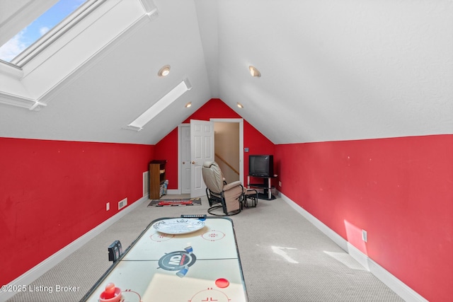 177 Airport Rd, Leitchfield, KY 42754 - game room with a skylight, vaulted ceiling, baseboards, and carpet flooring