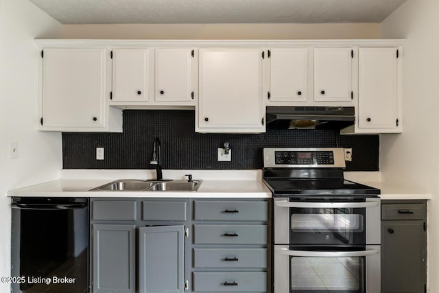6600 Musket Dr, Louisville, KY 40228 - kitchen featuring under cabinet range hood, double oven range, gray cabinets, dishwasher, and tasteful backsplash