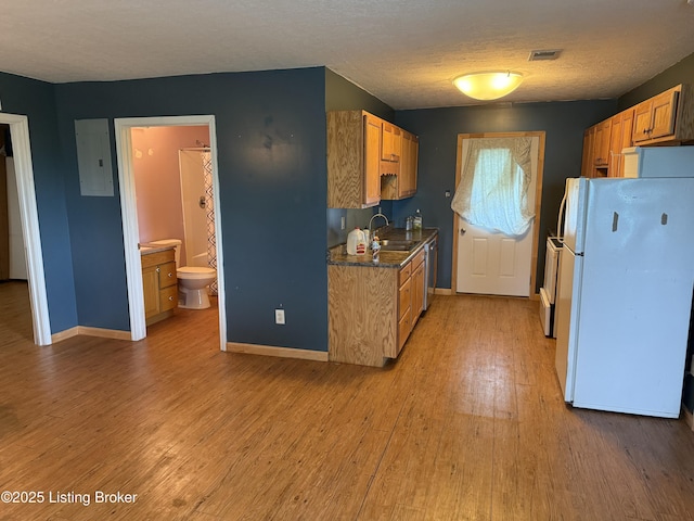 775 Constantine Vertrees Rd, Garfield, KY 40140 - kitchen with freestanding refrigerator, a sink, electric panel, light wood finished floors, and baseboards