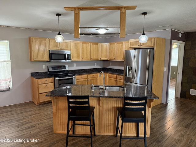 775 Constantine Vertrees Rd, Garfield, KY 40140 - kitchen with stainless steel appliances, a sink, dark wood-style flooring, and light brown cabinetry