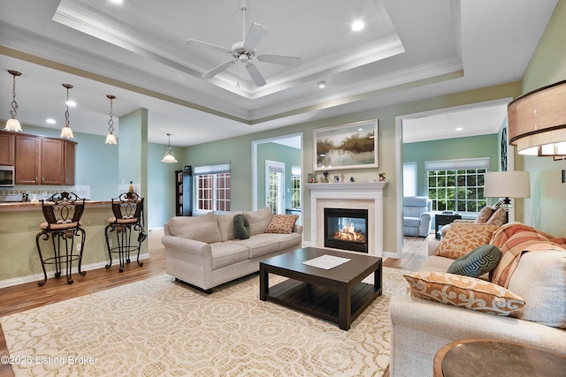 4107 Dolphin Rd, Louisville, KY 40220 - living area featuring ornamental molding, wood finished floors, a raised ceiling, a glass covered fireplace, and a ceiling fan