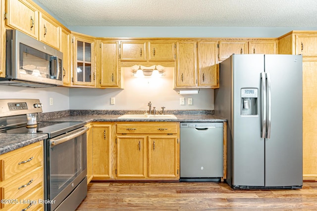 1117 Breezy Way, Bardstown, KY 40004 - kitchen with appliances with stainless steel finishes, dark countertops, light wood finished floors, and a textured ceiling