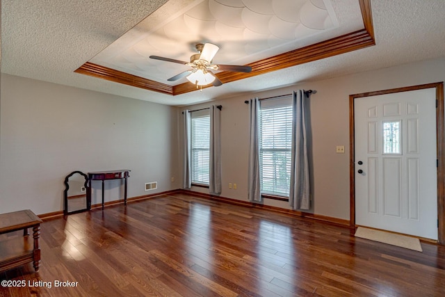 1117 Breezy Way, Bardstown, KY 40004 - foyer entrance with plenty of natural light, a textured ceiling, a tray ceiling, ceiling fan, and wood finished floors