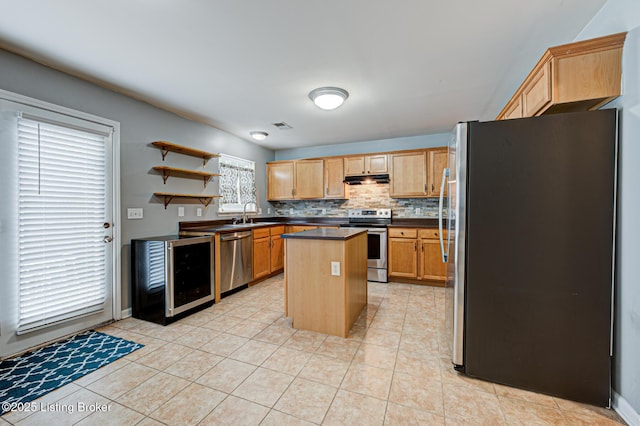 2336 Baileys, Lexington, KY 40511 - kitchen with stainless steel appliances, dark countertops, a center island, under cabinet range hood, and light tile patterned flooring
