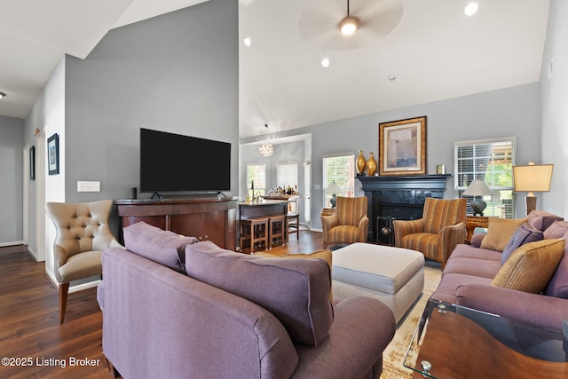 1406 Rutland Club Ct, Louisville, KY 40245 - living room with a ceiling fan, high vaulted ceiling, wood finished floors, a high end fireplace, and baseboards