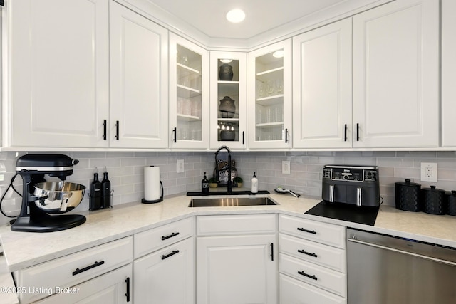 1717 Stricker Rd, Memphis, IN 47143 - kitchen featuring dishwasher, a sink, white cabinets, and decorative backsplash