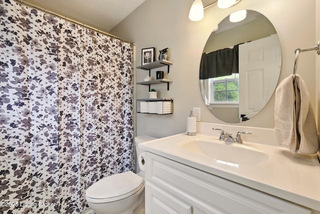 1717 Stricker Rd, Memphis, IN 47143 - bathroom with toilet, vanity, and curtained shower