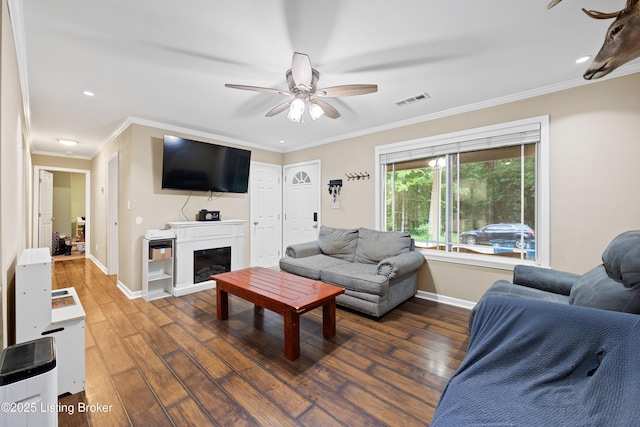 90 Shellys Trce, Brandenburg, KY 40108 - living area with ceiling fan, baseboards, hardwood / wood-style floors, ornamental molding, and a glass covered fireplace