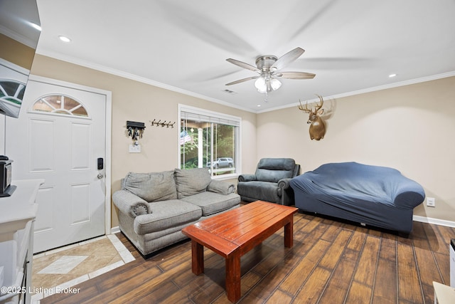 90 Shellys Trce, Brandenburg, KY 40108 - living area featuring ceiling fan, dark wood-style floors, recessed lighting, crown molding, and baseboards