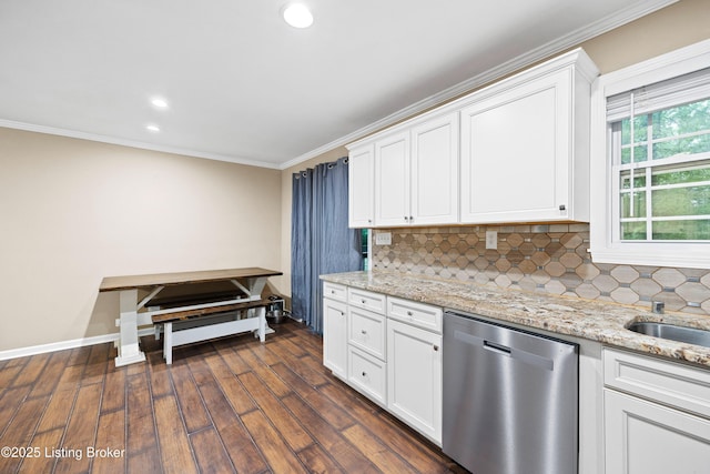 90 Shellys Trce, Brandenburg, KY 40108 - kitchen with dishwasher, tasteful backsplash, ornamental molding, white cabinetry, and recessed lighting