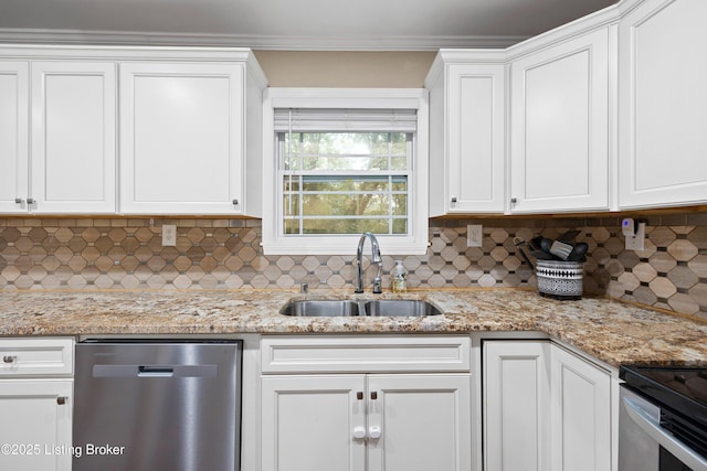 90 Shellys Trce, Brandenburg, KY 40108 - kitchen with stainless steel dishwasher, a sink, white cabinetry, tasteful backsplash, and ornamental molding