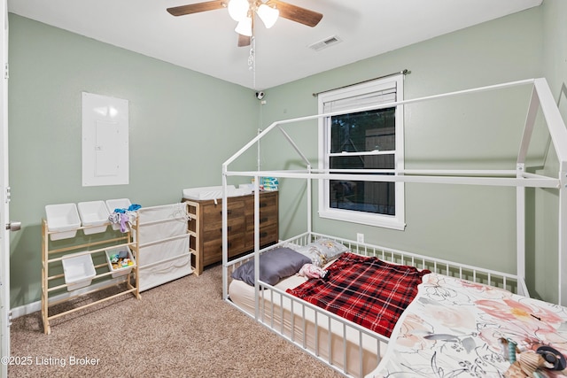 90 Shellys Trce, Brandenburg, KY 40108 - bedroom with carpet flooring, electric panel, and ceiling fan