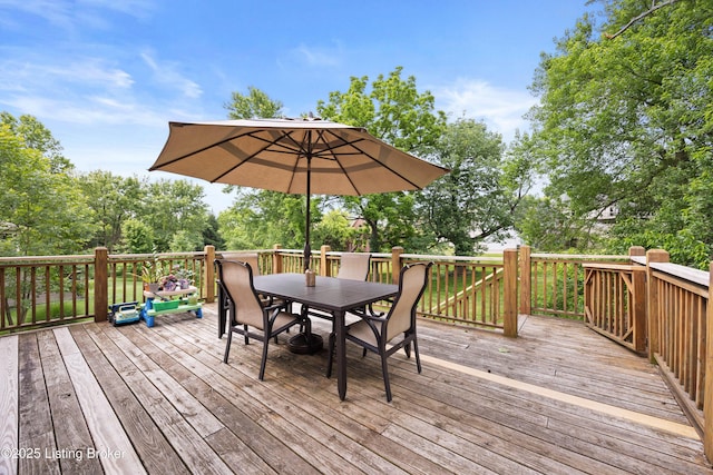14312 Micawber Way, Louisville, KY 40245 - wooden deck with outdoor dining space and view of scattered trees