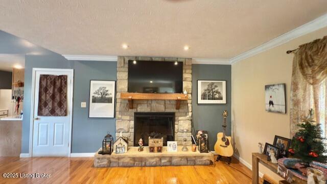 187 Glenn Rd, Leitchfield, KY 42754 - living room with wood finished floors, baseboards, a stone fireplace, and ornamental molding