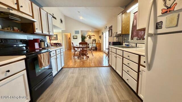 187 Glenn Rd, Leitchfield, KY 42754 - kitchen with freestanding refrigerator, electric range, a sink, under cabinet range hood, and lofted ceiling