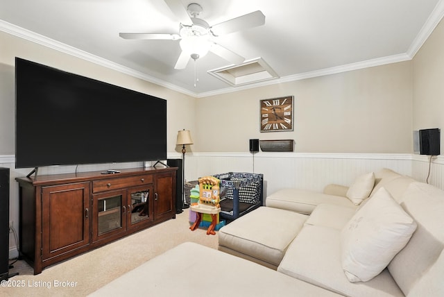13127 Wilhoyte Ct Unit 13127, Prospect, KY 40059 - living room with crown molding, a wainscoted wall, attic access, carpet, and a ceiling fan