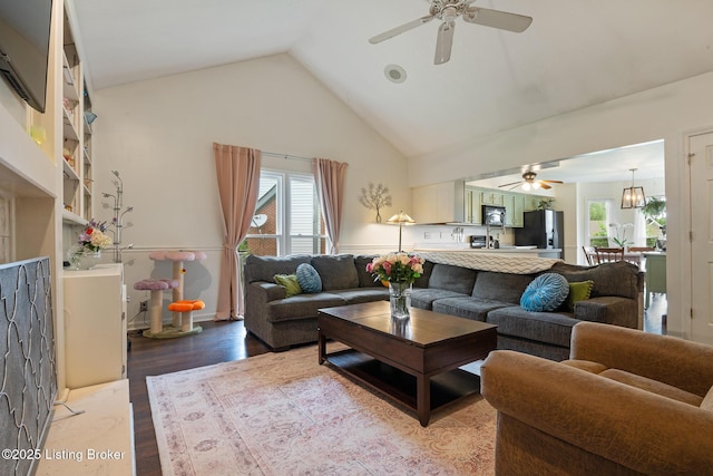 6800 Beard Ct, Louisville, KY 40228 - living area featuring ceiling fan, high vaulted ceiling, plenty of natural light, and wood finished floors