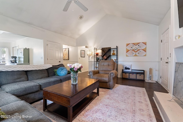 6800 Beard Ct, Louisville, KY 40228 - living room with ceiling fan, wood finished floors, and high vaulted ceiling