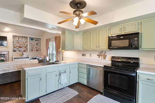6800 Beard Ct, Louisville, KY 40228 - kitchen with black appliances, a peninsula, light countertops, ceiling fan, and dark wood-style floors