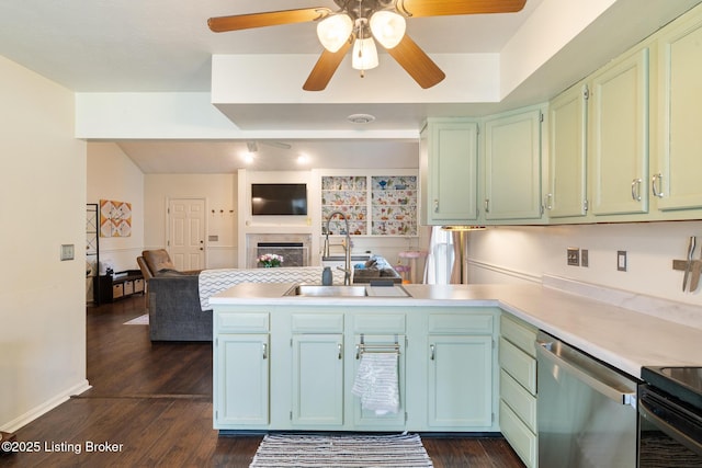 6800 Beard Ct, Louisville, KY 40228 - kitchen with dishwasher, a peninsula, open floor plan, light countertops, and a ceiling fan