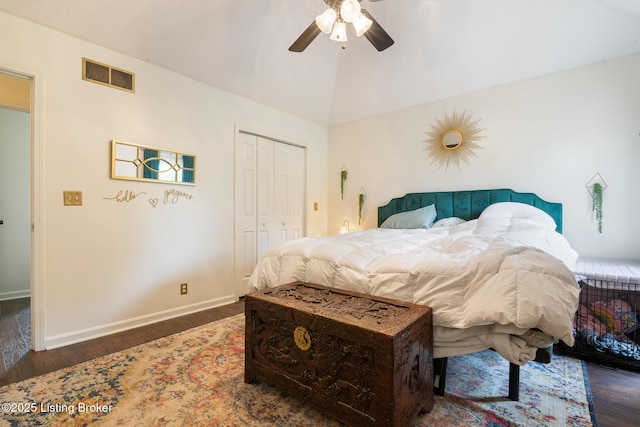 6800 Beard Ct, Louisville, KY 40228 - bedroom with wood finished floors, a closet, vaulted ceiling, and a ceiling fan