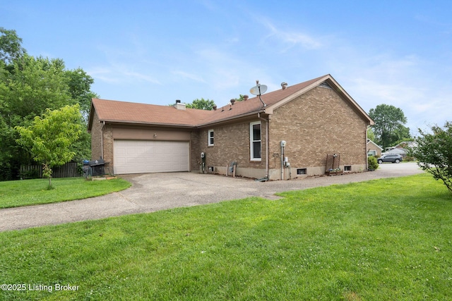 6800 Beard Ct, Louisville, KY 40228 - view of home's exterior with driveway, brick siding, a lawn, an attached garage, and a chimney