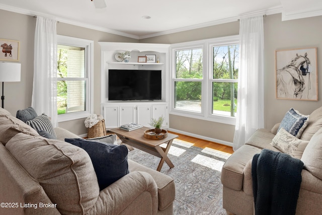 7408 Floydsburg Rd, Crestwood, KY 40014 - living area featuring healthy amount of natural light, crown molding, wood finished floors, and baseboards