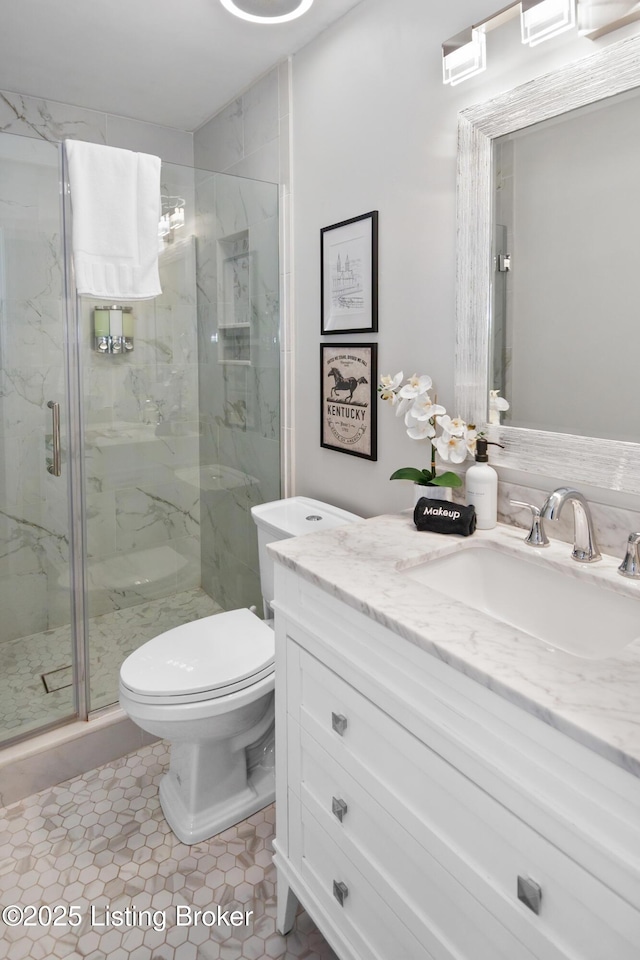 7408 Floydsburg Rd, Crestwood, KY 40014 - bathroom with vanity, a marble finish shower, toilet, and tile patterned floors