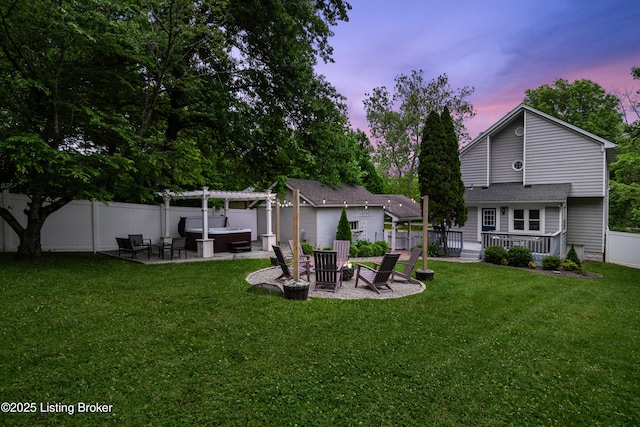 7408 Floydsburg Rd, Crestwood, KY 40014 - yard at dusk with a covered hot tub, a patio area, a pergola, and a deck