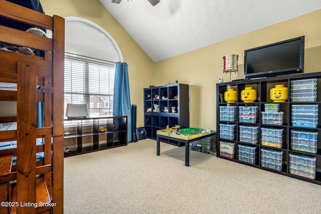 111 Emory Ct, Bardstown, KY 40004 - playroom featuring carpet flooring, vaulted ceiling, and a ceiling fan